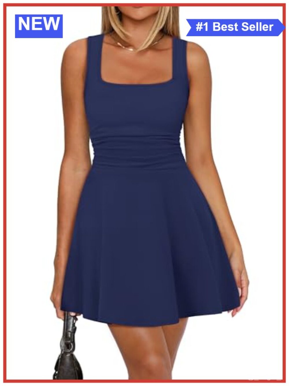 Women's Square Neck Sleeveless Mini Dress Pleated Fit and Flare
